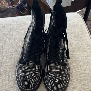 Madden girl Women's Black Rhinestone Lace-Up Combat Boots